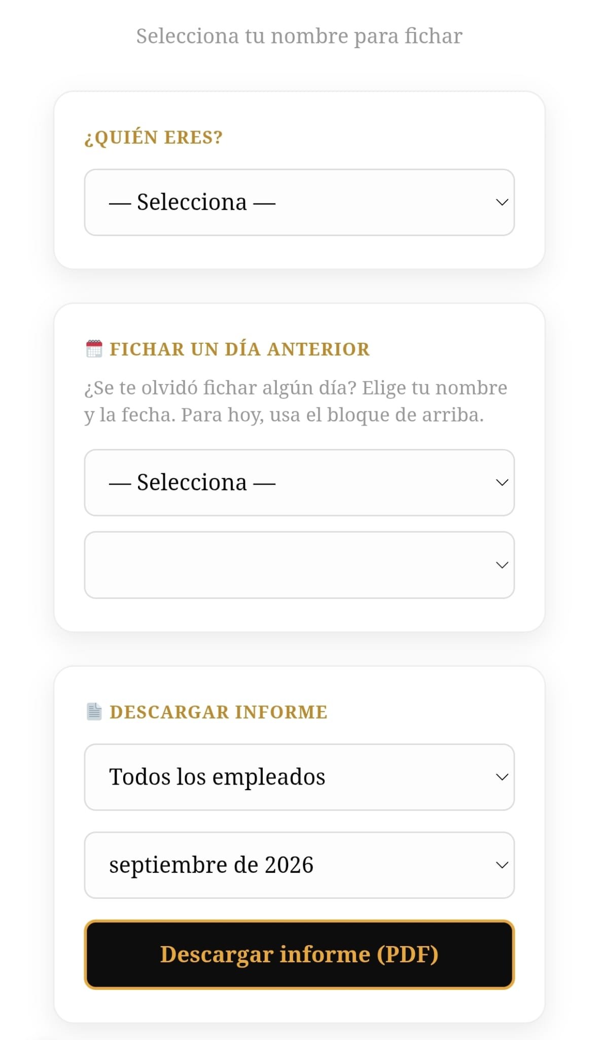 Pantalla de fichaje de empleados del panel de Cárnicas Diletta con opción de descargar el informe en PDF
