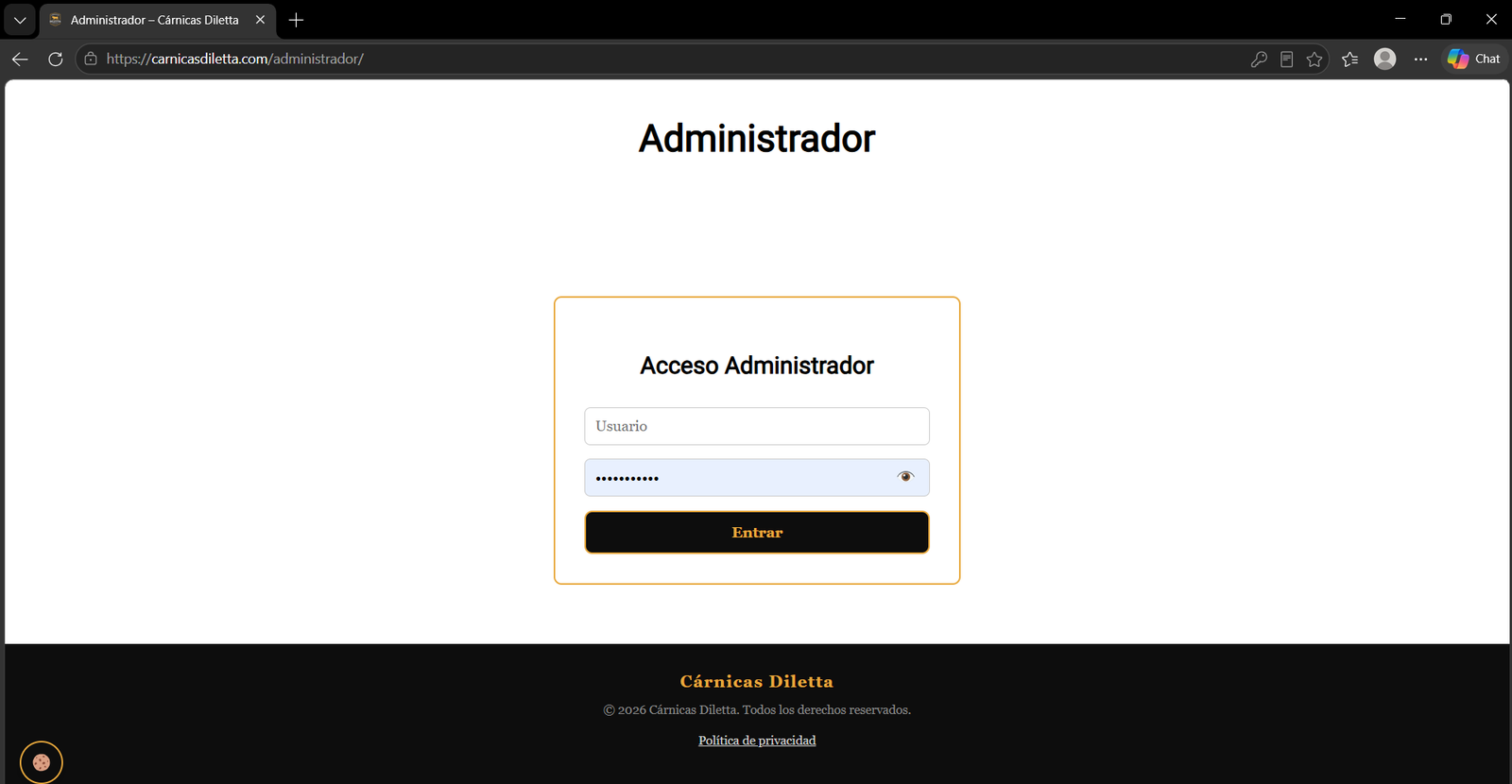 Pantalla de acceso privado del panel de administrador de Cárnicas Diletta