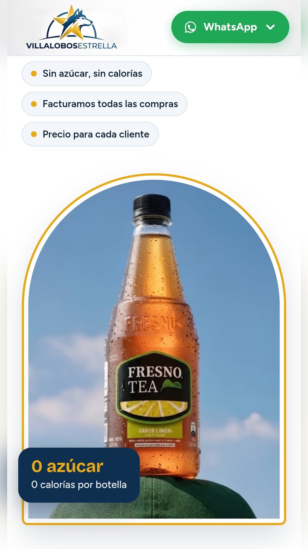 Botella de Fresno Tea sabor limón con la etiqueta 0 azúcar, 0 calorías por botella