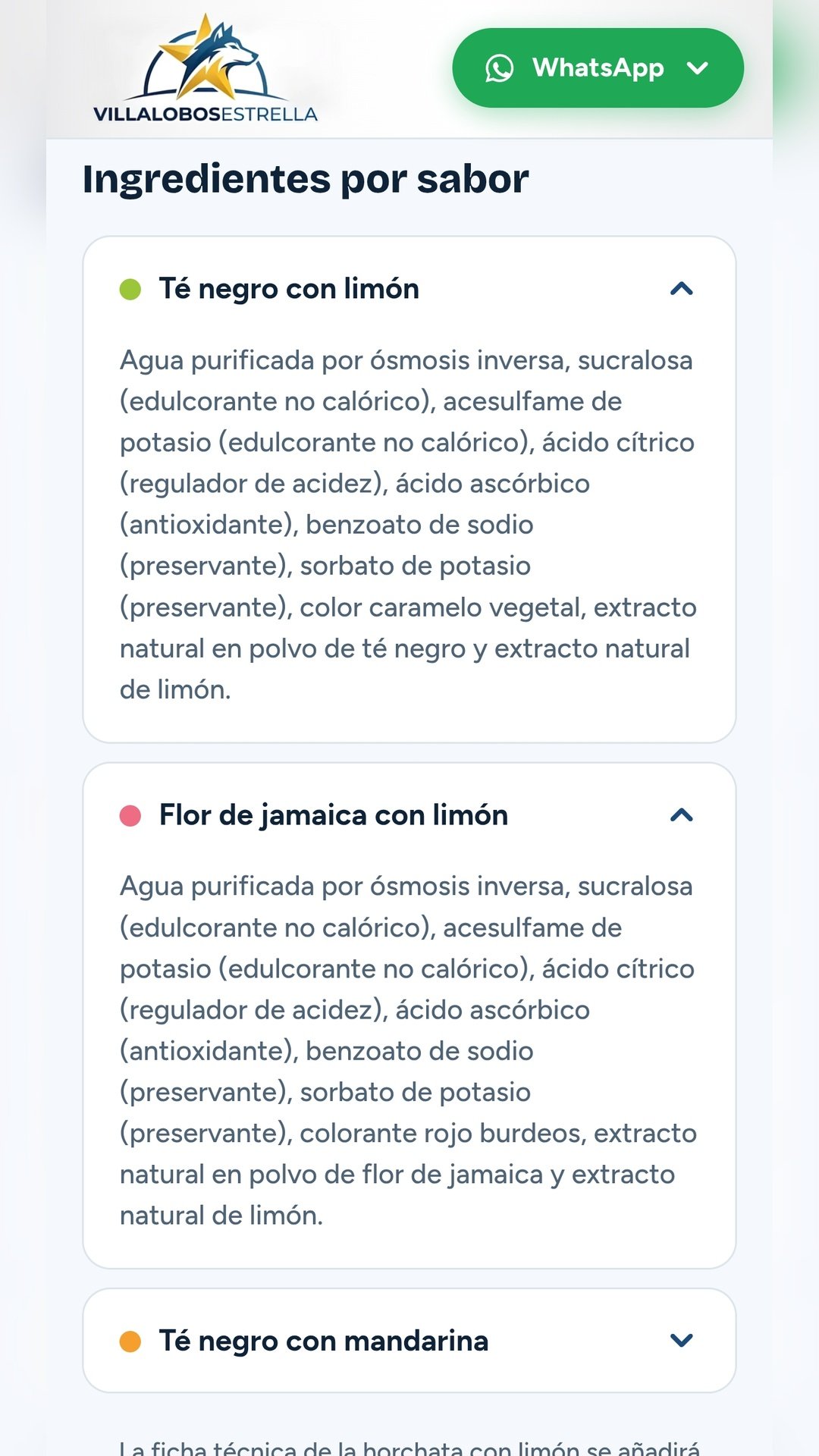 Sección de ingredientes por sabor de Fresno Tea en formato desplegable