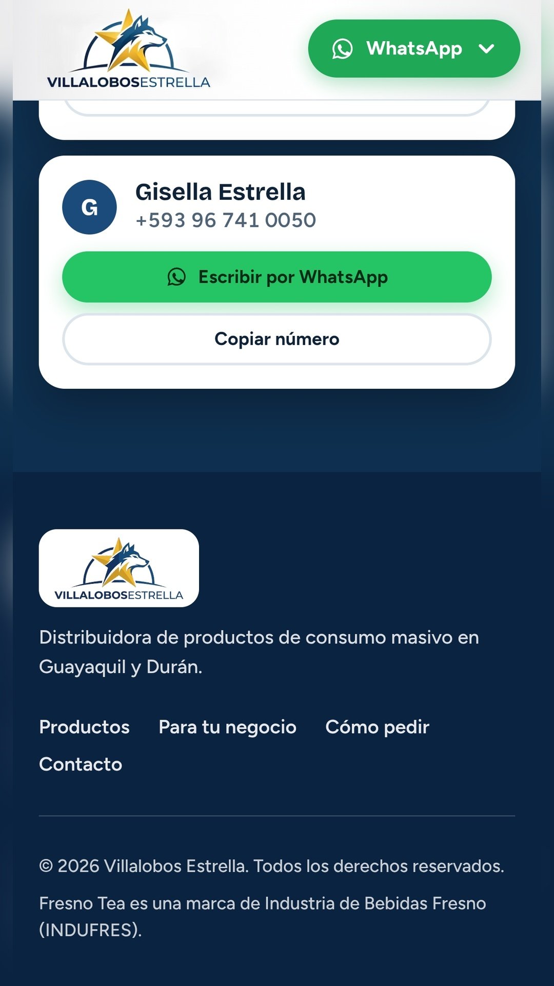 Sección de contacto de Villalobos Estrella con botón para escribir por WhatsApp y copiar el número
